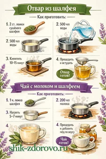 Рецепты: отвар и чай с молоком из шалфея